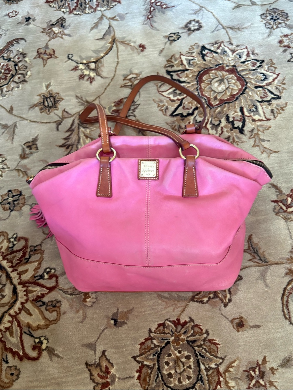 Dooney & Bourke Pink Leather Tote with Brown Trim